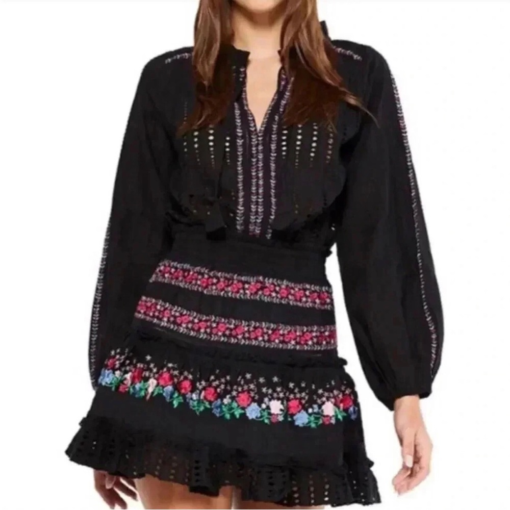 MISA Los Angeles Manuela Embroidered Long Sleeve Mini Dress Black Floral Size L